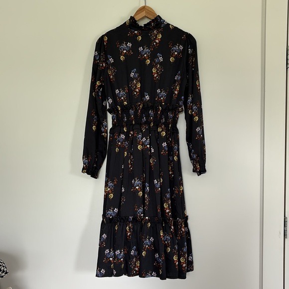 Exclusive Fit n Flare Ruffles Long Sleeve Floral Black Midi Dress Smocked Waist - Picture 6 of 10